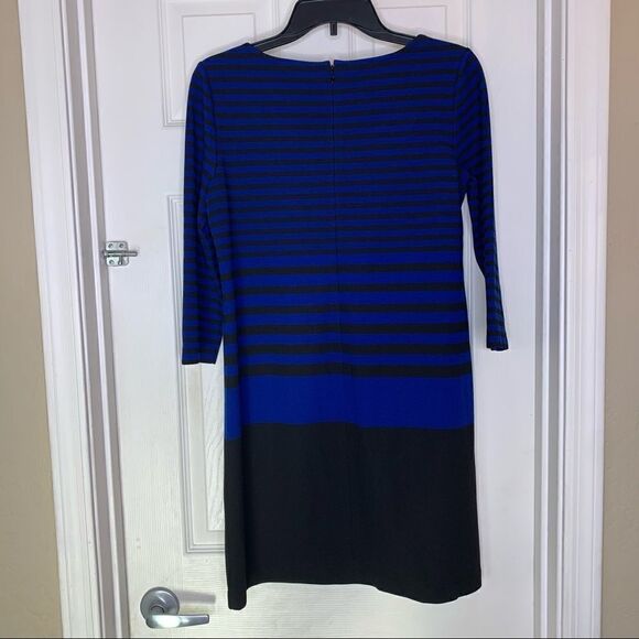 Ann Taylor Petite Medium Long Sleeve Blue Black Striped Shift Dress - Picture 9 of 9